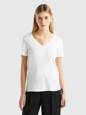 Benetton, Pure Cotton T-shirt With V-neck, size L, White, Women United Colors of Benetton