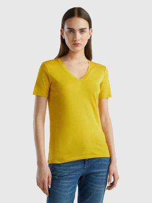 Benetton, Pure Cotton T-shirt With V-neck, size L, Yellow, Women United Colors of Benetton