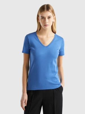 Benetton, Pure Cotton T-shirt With V-neck, size M, Blue, Women United Colors of Benetton