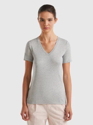 Benetton, Pure Cotton T-shirt With V-neck, size M, Light Gray, Women United Colors of Benetton