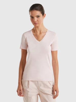 Benetton, Pure Cotton T-shirt With V-neck, size M, Pastel Pink, Women United Colors of Benetton