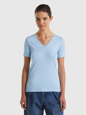 Benetton, Pure Cotton T-shirt With V-neck, size S, Light Blue, Women United Colors of Benetton