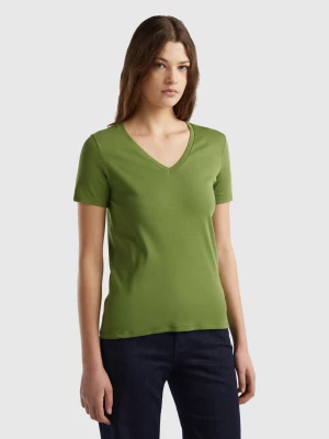 Benetton, Pure Cotton T-shirt With V-neck, size S, Military Green, Women United Colors of Benetton
