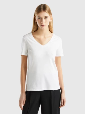 Benetton, Pure Cotton T-shirt With V-neck, size XL, White, Women United Colors of Benetton