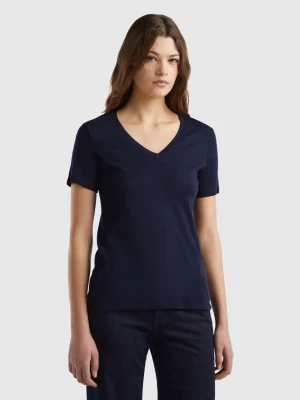 Benetton, Pure Cotton T-shirt With V-neck, size XS, Dark Blue, Women United Colors of Benetton