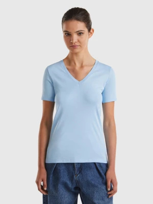 Benetton, Pure Cotton T-shirt With V-neck, size XS, Light Blue, Women United Colors of Benetton