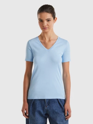 Benetton, Pure Cotton T-shirt With V-neck, size XS, Light Blue, Women United Colors of Benetton