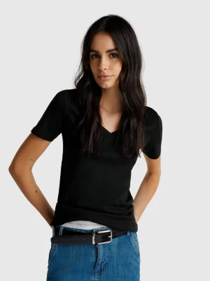 Benetton, Pure Cotton T-shirt With V-neck, Size: XXS, Black, Women United Colors of Benetton