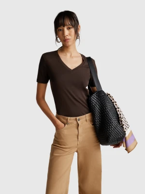 Benetton, Pure Cotton T-shirt With V-neck, Size: XXS, Brown, Women United Colors of Benetton