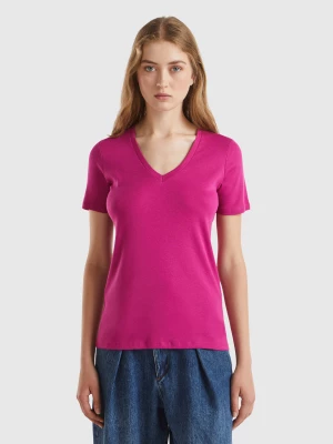 Benetton, Pure Cotton T-shirt With V-neck, size XS, Cyclamen, Women United Colors of Benetton