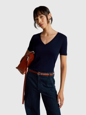Benetton, Pure Cotton T-shirt With V-neck, size XXS, Dark Blue, Women United Colors of Benetton