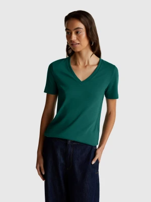 Benetton, Pure Cotton T-shirt With V-neck, Size: XXS, Dark Green, Women United Colors of Benetton