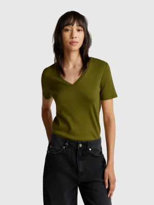 Benetton, Pure Cotton T-shirt With V-neck, size XXS, Military Green, Women United Colors of Benetton