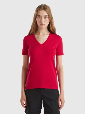 Benetton, Pure Cotton T-shirt With V-neck, size XXS, Red, Women United Colors of Benetton