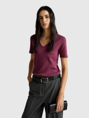 Benetton, Pure Cotton T-shirt With V-neck, Size: XXS, Plum, Women United Colors of Benetton