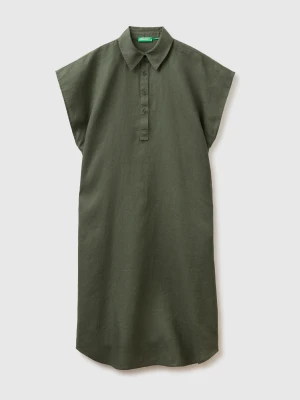Benetton, Pure Linen Midi Dress, Size: XS-S, Military Green, Women United Colors of Benetton