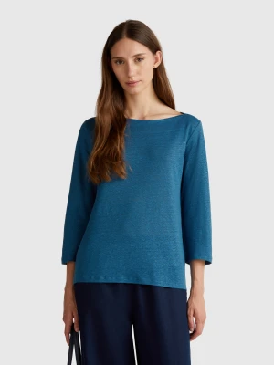 Benetton, Pure Linen T-shirt With 3/4 Sleeves, size XXS, Air Force Blue, Women United Colors of Benetton