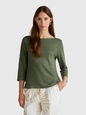 Benetton, Pure Linen T-shirt With 3/4 Sleeves, size XXS, Military Green, Women United Colors of Benetton