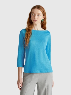 Benetton, Pure Linen T-shirt With 3/4 Sleeves, size XS, Teal, Women United Colors of Benetton