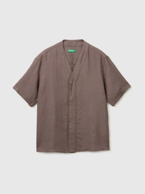 Benetton, Pure Linen V-neck Shirt, Size: XS, Brown, Men United Colors of Benetton