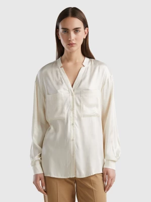 Benetton, Pure Viscose Shirt With Pockets, size L, Creamy White, Women United Colors of Benetton