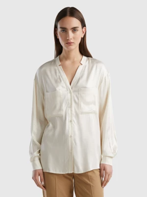 Benetton, Pure Viscose Shirt With Pockets, size S, Creamy White, Women United Colors of Benetton