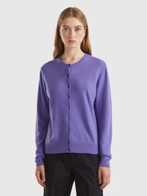 Benetton, Purple Crew Neck Cardigan In Pure Merino Wool, size L, , Women United Colors of Benetton