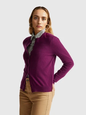 Benetton, Purple Crew Neck Cardigan In Pure Merino Wool, Size: XXS, Plum, Women United Colors of Benetton