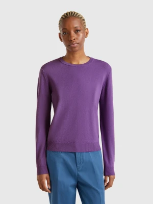 Benetton, Purple Crew Neck Sweater In Merino Wool, size XS, Violet, Women United Colors of Benetton