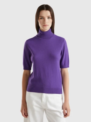 Benetton, Purple Short Sleeve Turtleneck In Cashmere Blend, size XL, , Women United Colors of Benetton