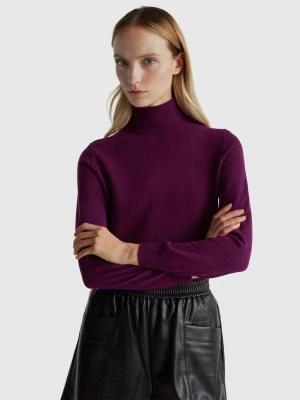 Benetton, Purple Turtleneck Sweater In Pure Merino Wool, Size: XXS, Plum, Women United Colors of Benetton