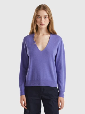 Benetton, Purple V-neck Sweater In Pure Merino Wool, size L, , Women United Colors of Benetton