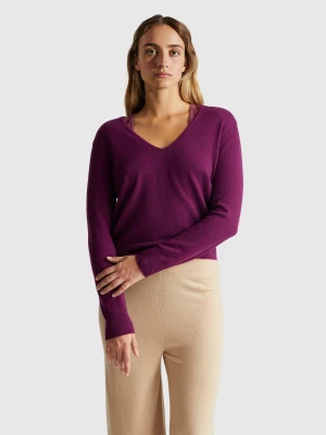 Benetton, Purple V-neck Sweater In Pure Merino Wool, Size: XXS, Plum, Women United Colors of Benetton