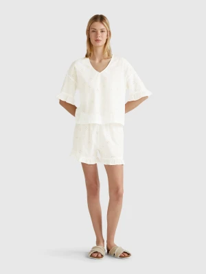 Benetton, Pyjamas With Embroidered Flowers, size XXS, Creamy White, Women United Colors of Benetton