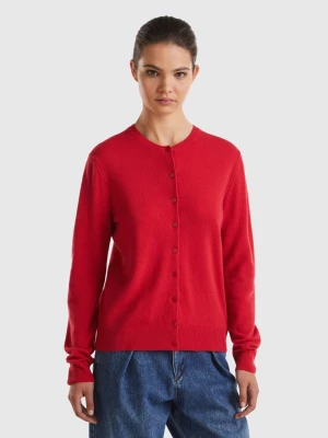 Benetton, Red Plum Crew Neck Cardigan In Pure Merino Wool, size L, Plum, Women United Colors of Benetton