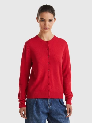 Benetton, Red Plum Crew Neck Cardigan In Pure Merino Wool, size L, Plum, Women United Colors of Benetton