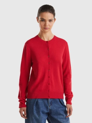 Benetton, Red Plum Crew Neck Cardigan In Pure Merino Wool, size M, Plum, Women United Colors of Benetton