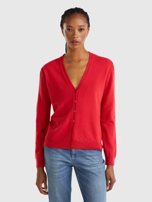 Benetton, Red Plum Crew Neck Cardigan In Pure Merino Wool, size XS, Red, Women United Colors of Benetton