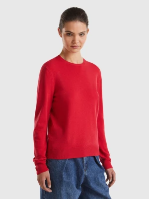 Benetton, Red Plum Crew Neck Sweater In Pure Merino Wool, size L, Plum, Women United Colors of Benetton