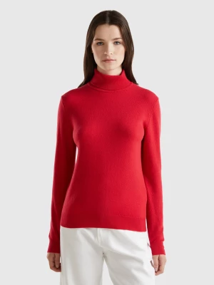 Benetton, Red Plum Turtleneck Sweater In Pure Merino Wool, size L, Plum, Women United Colors of Benetton