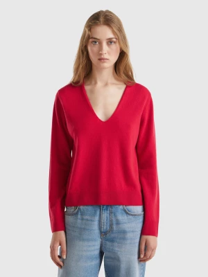 Benetton, Red Plum V-neck Sweater In Pure Merino Wool, size L, Plum, Women United Colors of Benetton