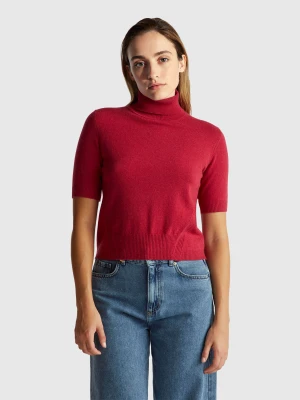 Benetton, Red Short Sleeve Turtleneck In Cashmere Blend, Size: XXS, Strawberry, Women United Colors of Benetton