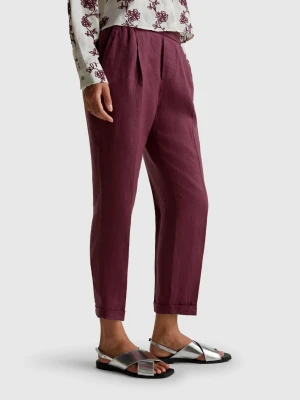 Benetton, Regular Fit Pure Linen Trousers, Size: XS, Plum, Women United Colors of Benetton