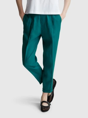 Benetton, Regular Fit Pure Linen Trousers, Size: XXS, Dark Green, Women United Colors of Benetton