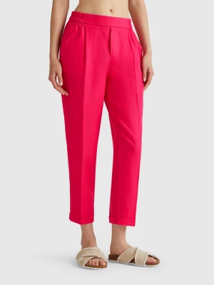 Benetton, Regular Fit Pure Linen Trousers, Size: XXS, Fuchsia, Women United Colors of Benetton