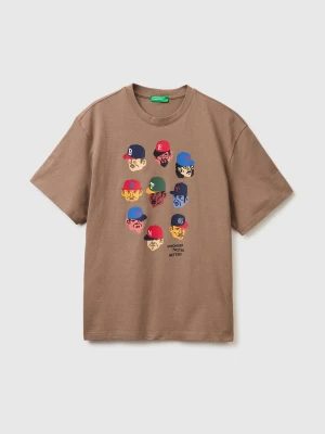 Benetton, Relaxed Fit T-shirt With Print, Size: XL, Brown, Men United Colors of Benetton