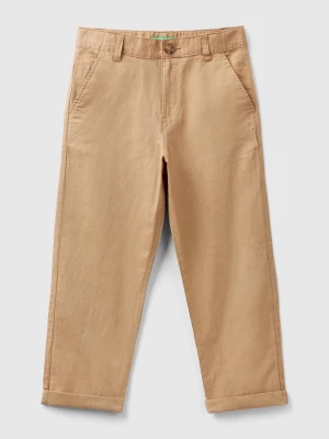 Benetton, Relaxed Fit Trousers In Linen Blend, size L, Camel, Kids United Colors of Benetton