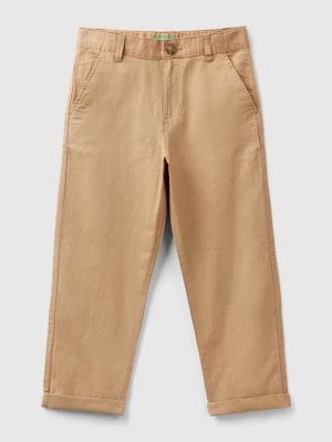 Benetton, Relaxed Fit Trousers In Linen Blend, size M, Camel, Kids United Colors of Benetton