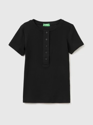 Benetton, Ribbed Henley T-shirt, Size: XXS, Black, Women United Colors of Benetton