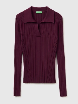 Benetton, Ribbed Sweater With Polo Collar, Size: XS, Burgundy, Women United Colors of Benetton